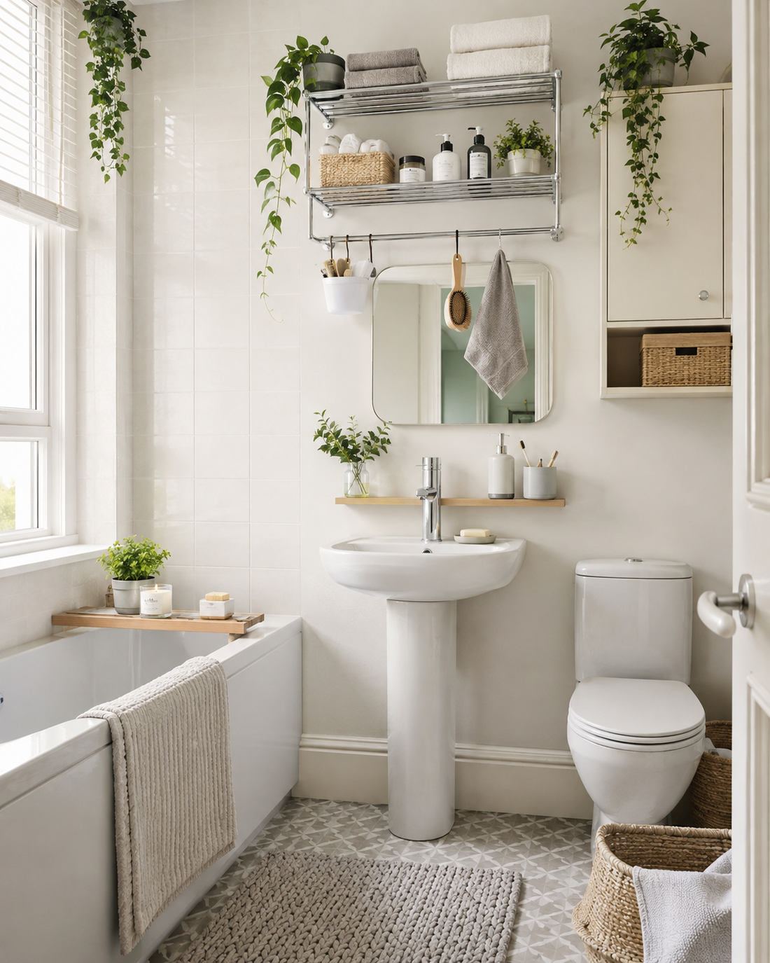 A small, bright and neatly organised bathroom