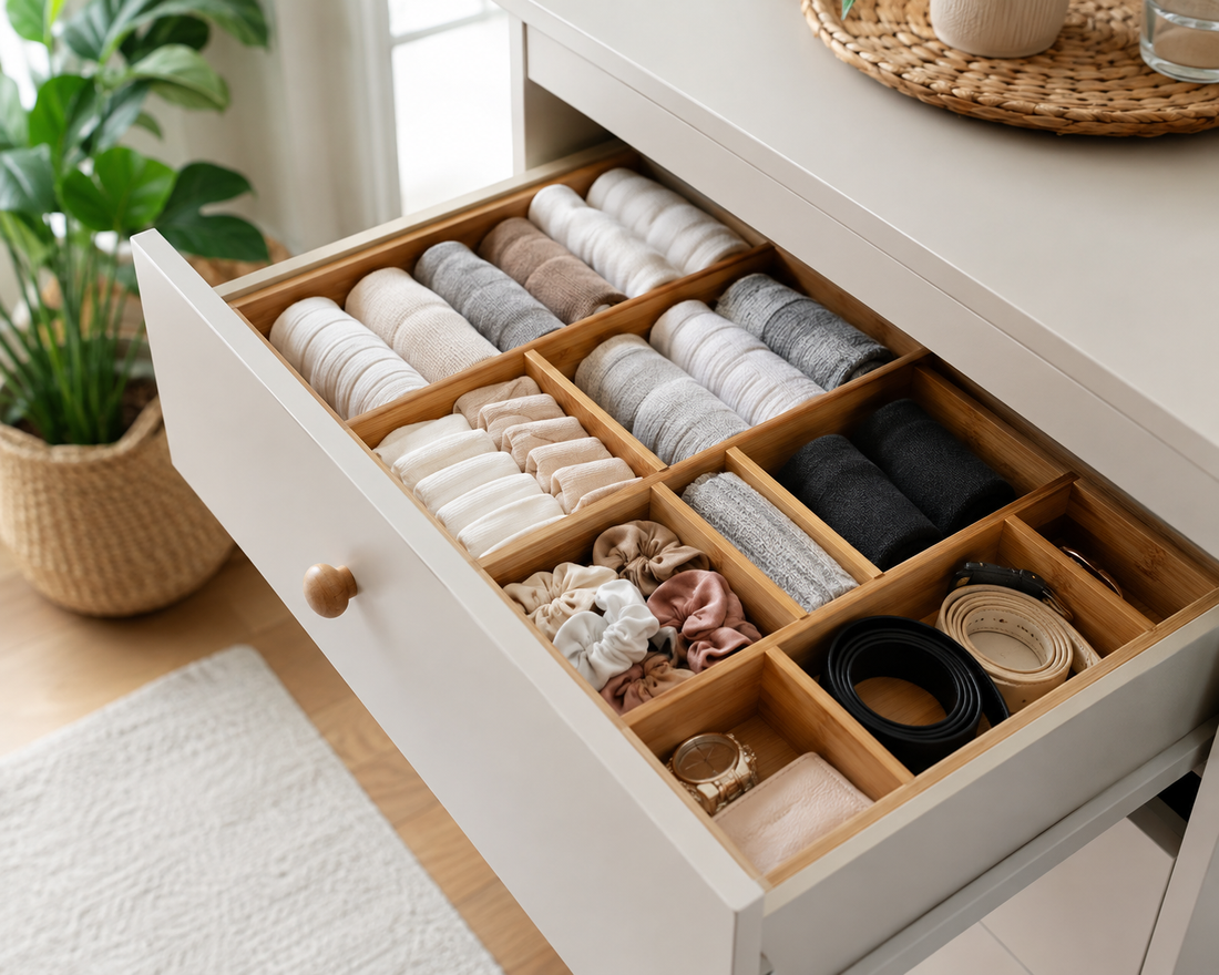 An open drawer neatly organised with bamboo dividers