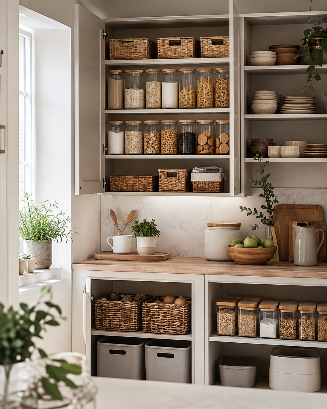 Neatly organised kitchen cupboard with matching containers